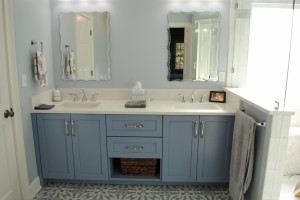 Dunes West, Master Bath, Double sink vanity with drawer and open storage with custom countertop and Decorative mosaic tile floor