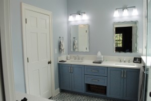 Dunes West, Master Bath, Double sink vanity with drawer and open storage with custom countertop and Decorative mosaic tile floor