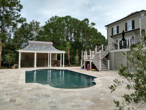 Custom Back yard deck and pool house, with cable railing and Ipe wood   