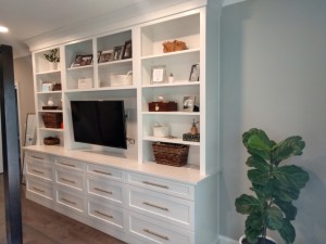Hidden Cove, TV and wardrobe cabinets, custom countertop, outlets in countertop.