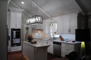 Snee Kitchen remodel with custom shiplap and trim on angled ceiling 